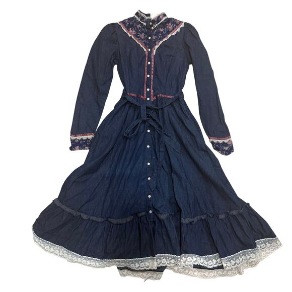 Gunne Sax Vintage 1970's Denim Prairie Dress Cottagecore Victorian Size XXS / XS - Picture 1 of 6